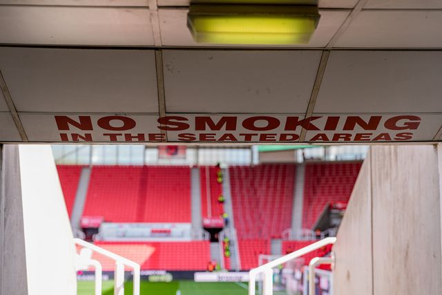 No smoking in the seated area sign prior to kick off during the Sky Bet Championship match Stoke City vs Blackburn Rovers at Bet365 Stadium, Stoke On Trent, United Kingdom on 11 April 2026

(Photo by Maynard Manyowa/News Images)