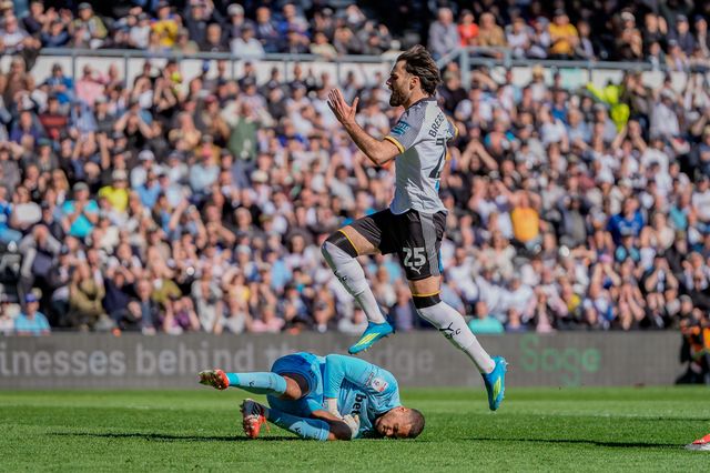 Ben Brereton Diaz of Derby County reacts after a missed chance on goal  during the Sky Bet Championship match Derby County vs Stoke City at Pride Park Stadium, Derby, United Kingdom on 06 April 2026

(Photo by Maynard Manyowa/News Images)