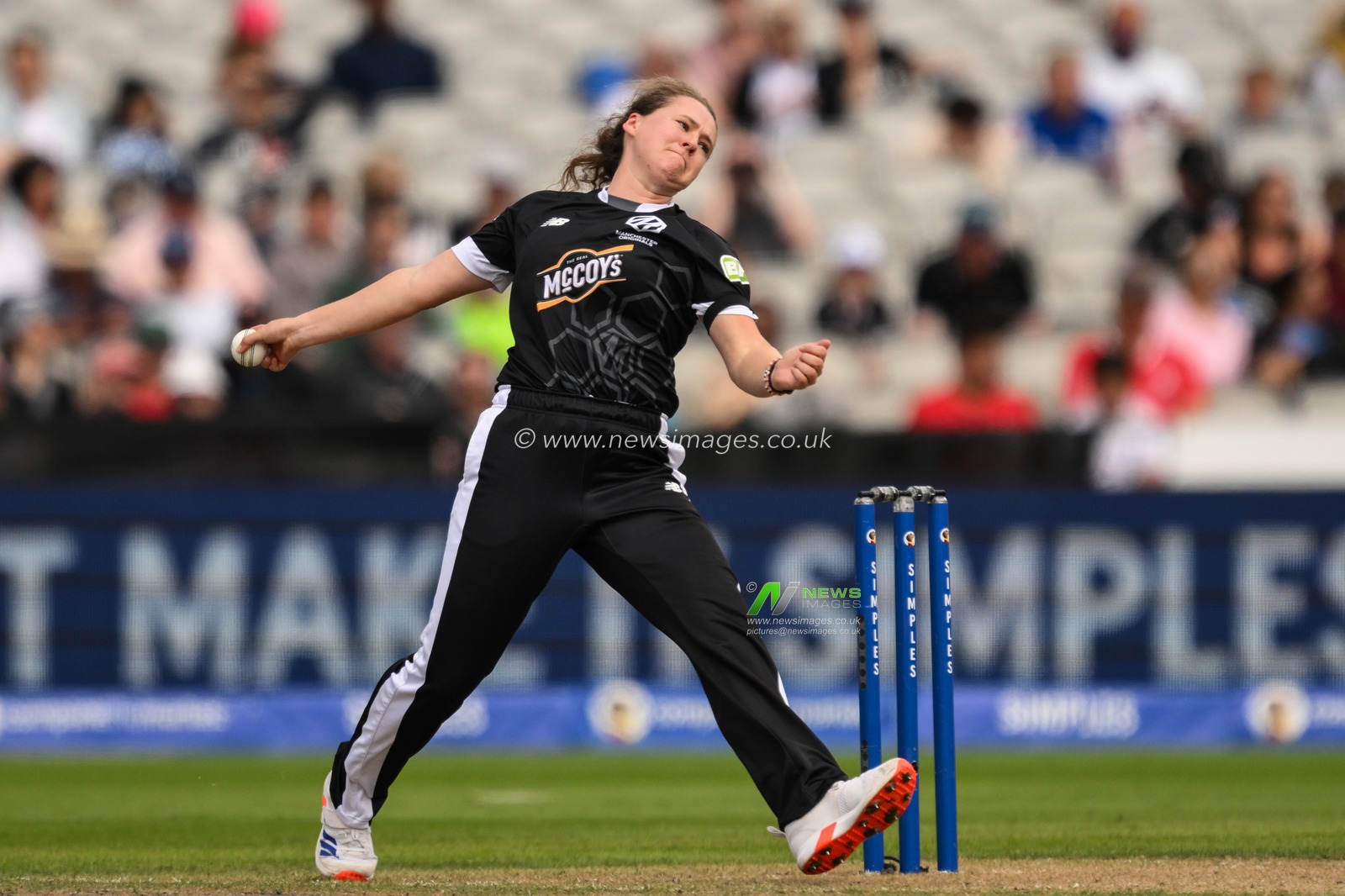 Kathryn Bryce of Manchester Orignals delivers the ball during the The Hundred match Manchester Originals Women vs Oval Invincibles Women at Old Trafford, Manchester, United Kingdom, 6th August 2024

(Photo by Craig Thomas/News Images)