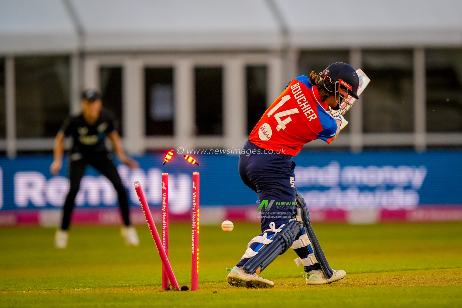 Maia Bouchier of England is bowled by Bree Illing of New Zealand during the England Women v New Zealand 1st Vitality IT20 match at The Central Co-Op County Ground, Derby, United Kingdom on 20 May 2026

(Photo by Maynard Manyowa/News Images)