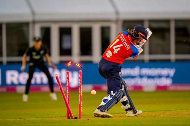 Maia Bouchier of England is bowled by Bree Illing of New Zealand during the England Women v New Zealand 1st Vitality IT20 match at The Central Co-Op County Ground, Derby, United Kingdom on 20 May 2026

(Photo by Maynard Manyowa/News Images)