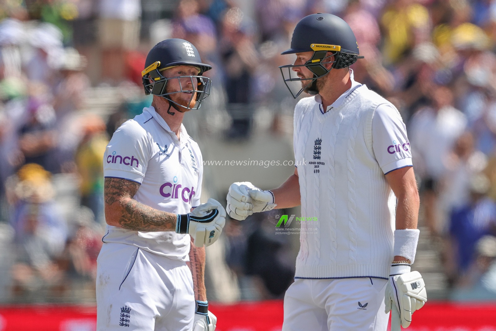 Ollie Robinson of England fist bumps Ben Stokes of England after England are all out during the LV= Insurance Ashes Third Test Series Day 2 England v Australia at Headingley Stadium, Leeds, United Kingdom, 7th July 2023

(Photo by Mark Cosgrove/News Images)