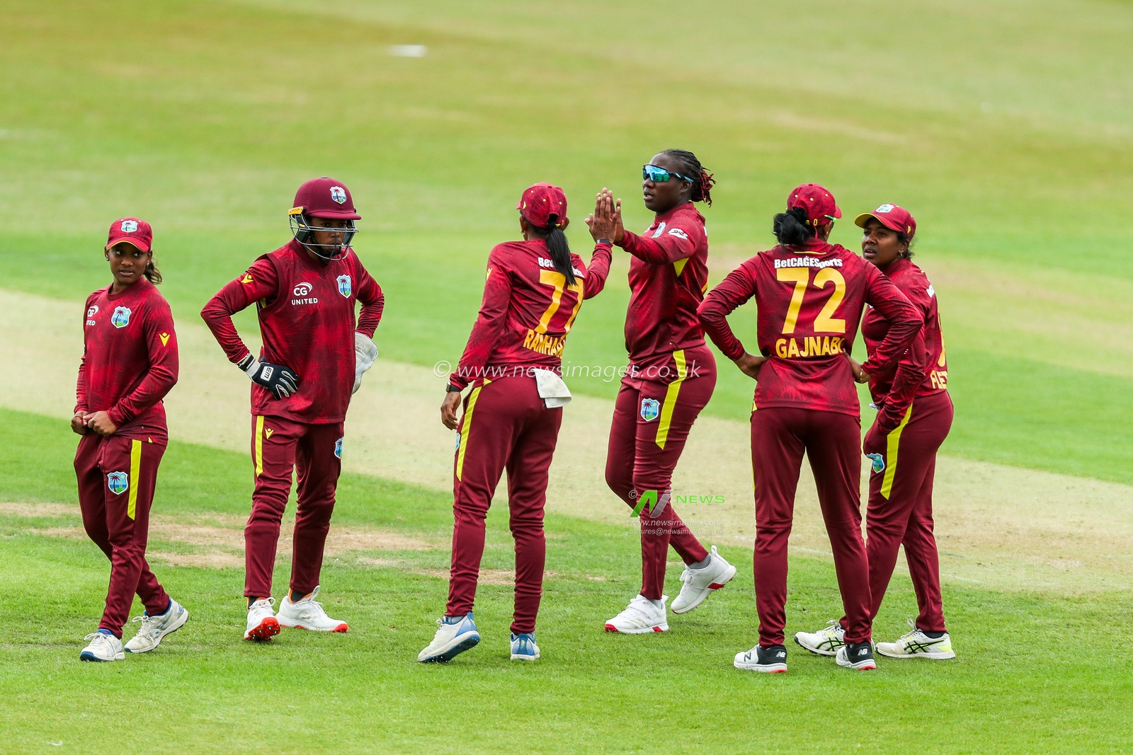 West Indies Women celebrate after the dismissal of Amy Jones of England Women  during the 2nd Metro Bank ODI Day International England Women v West Indies Women at Uptonsteel County Ground, Leicester, United Kingdom, 4th June 2025

(Photo by Izzy Poles/News Images)