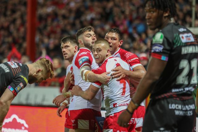 Ryan Hall of Hull KR celebrates his try during the Betfred Super League Round 9 match Hull KR vs Wigan Warriors at Sewell Group Craven Park, Kingston upon Hull, United Kingdom, 26th April 2024

(Photo by Alfie Cosgrove/News Images)