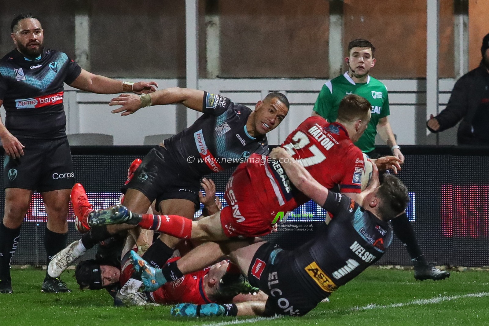 Frankie Halton #27 of Hull KR crashes over to score a second half try