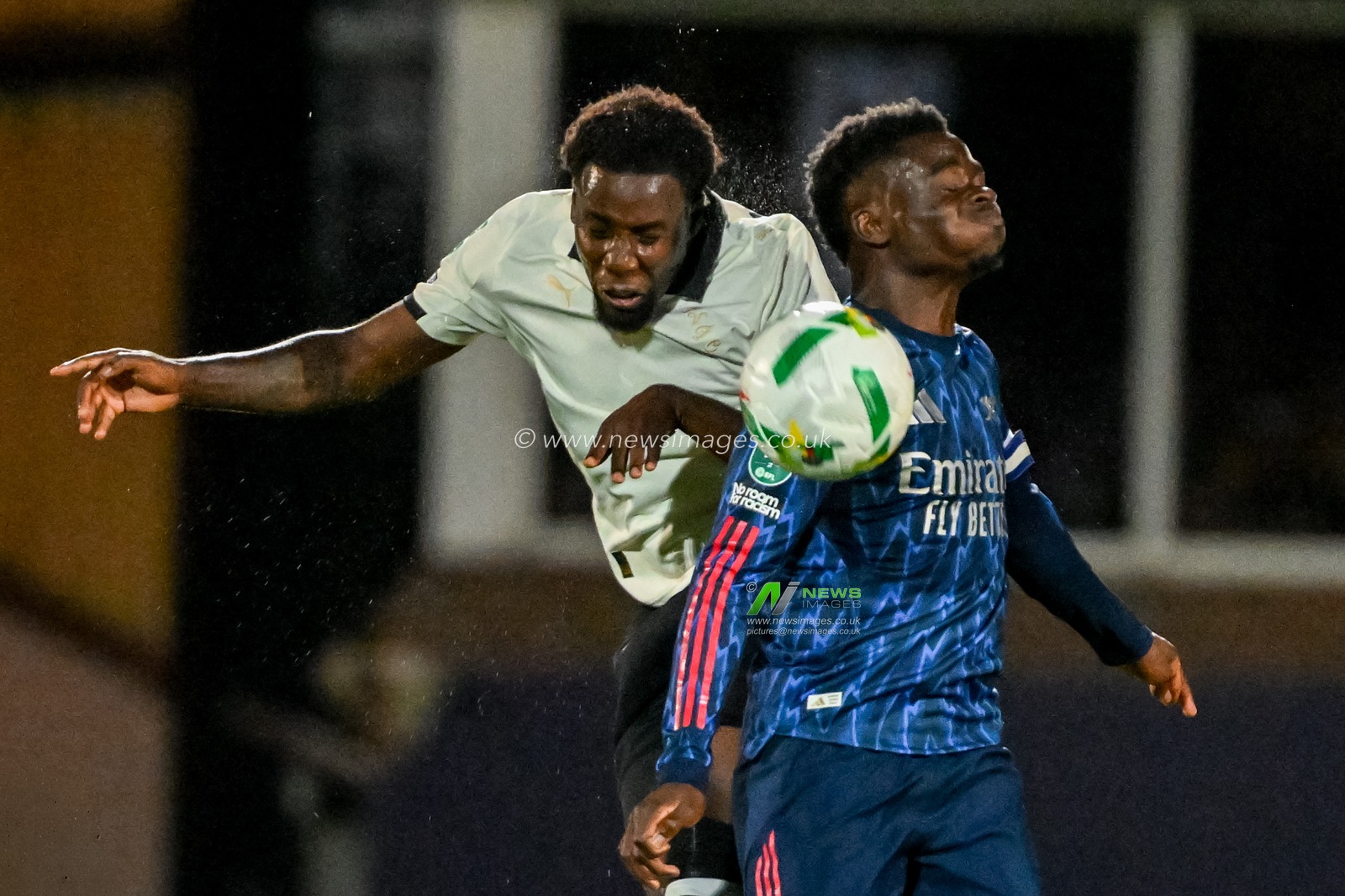 Bukayo Saka of Arsenal  challenges for a header during the Carabao Cup Round 3 match Port Vale vs Arsenal at Vale Park, Burslem, United Kingdom, 24th September 2025

(Photo by Adam Gee/News Images)