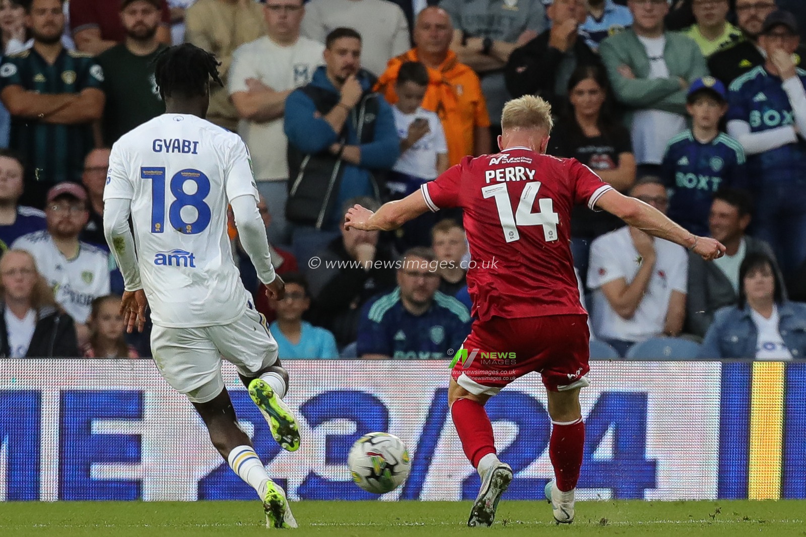 Taylor Perry #14 of Shrewsbury Town shoots and scores a goal to make it 0-1 during the Carabao Cup match Leeds United vs Shrewsbury Town at Elland Road, Leeds, United Kingdom, 9th August 2023

(Photo by James Heaton/News Images)