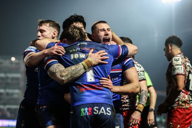 Oliver Pratt of Wakefield Trinity celebrates his try during the Betfred Super League round 5 match Wakefield Trinity vs Leigh Leopards at DIY Kitchens Stadium, Wakefield, United Kingdom on 20 March 2026

(Photo by Alfie Cosgrove/News Images)