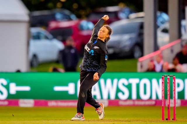 Jess Kerr of New Zealand bowls during the England Women v New Zealand 1st Vitality IT20 match at The Central Co-Op County Ground, Derby, United Kingdom on 20 May 2026

(Photo by Maynard Manyowa/News Images)