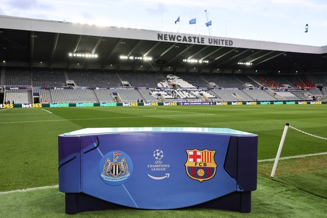 The TV broadcast bench with Newcastle Untied 
, UEFA Champions League and Barcelona logos during the UEFA Champions League Last 16 match Newcastle Untied vs Barcelona at St. James's Park, Newcastle, United Kingdom on 10 March 2026

(Photo by Mark Cosgrove/News Images)
