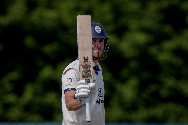 Matthew Montgomery raises his bat towards the pavilion after scoring a half century during the County Championship Division Two Derbyshire v Gloucestershire at The Central Co-Op County Ground, Derby, United Kingdom on 26 April 2026

(Photo by Maynard Manyowa/News Images)