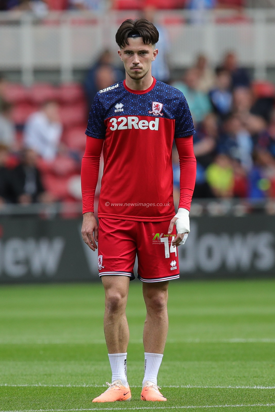 Alex Gilbert #14 of Middlesbrough during the pre match warm up ahead of the Sky Bet Championship match Middlesbrough vs Huddersfield Town at Riverside Stadium, Middlesbrough, United Kingdom, 19th August 2023

(Photo by James Heaton/News Images)