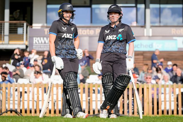 New Zealand openers Georgia Plimmer and Izzy Gaze wait to walk out to bat during the England Women v New Zealand 1st Vitality IT20 match at The Central Co-Op County Ground, Derby, United Kingdom on 20 May 2026

(Photo by Maynard Manyowa/News Images)