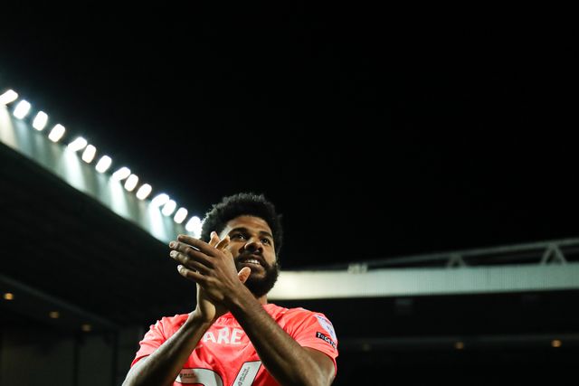 Ellis Simms of Coventry City celebrates promotion back to the Premier League after the Sky Bet Championship match Blackburn Rovers vs Coventry City at Ewood Park, Blackburn, United Kingdom on 17 April 2026

(Photo by Jorge Horsted/News Images)