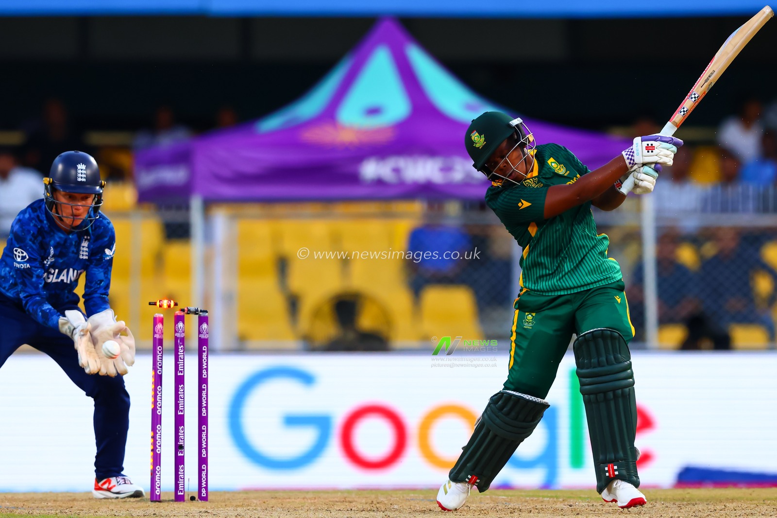 Sophie Ecclestone of England bowled out Sinalo Jafta of South Africa during the ICC Women's World Cup match 04 England Women vs South Africa Women at ACA Barsapara Cricket Stadium, Guwahati, Assam / India, 3rd October 2025

(Photo by Shubhajit Roy Karmakar/News Images)
