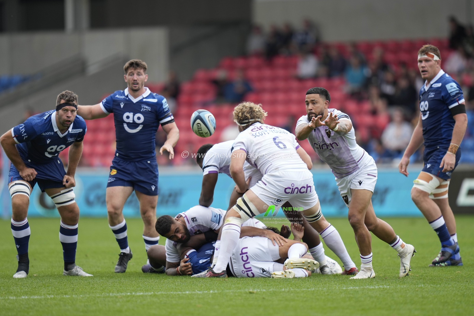 Northampton Saints Tom James passes the ball from a ruck during the Gallagher Premiership match Sale Sharks vs Northampton Saints at AJ Bell Stadium, Eccles, United Kingdom, 11th September 2022

(Photo by Steve Flynn/News Images)