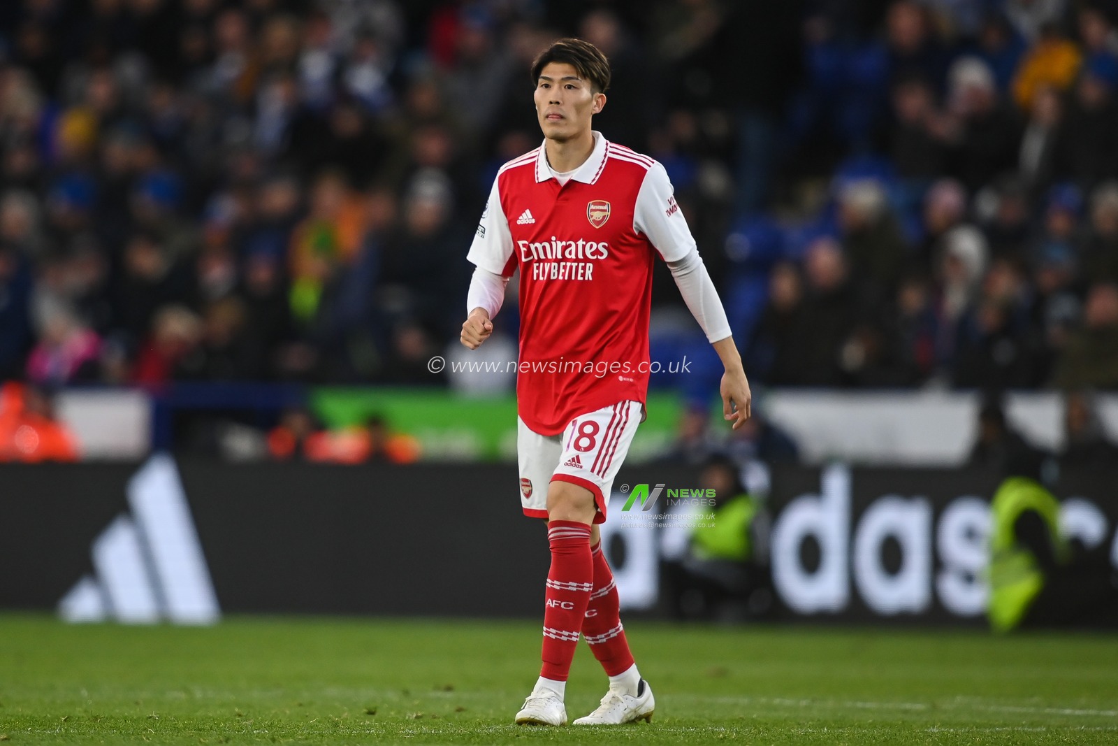 Takehiro Tomiyasu #18 of Arsenal during the Premier League match Leicester City vs Arsenal at King Power Stadium, Leicester, United Kingdom, 25th February 2023

(Photo by Craig Thomas/News Images)