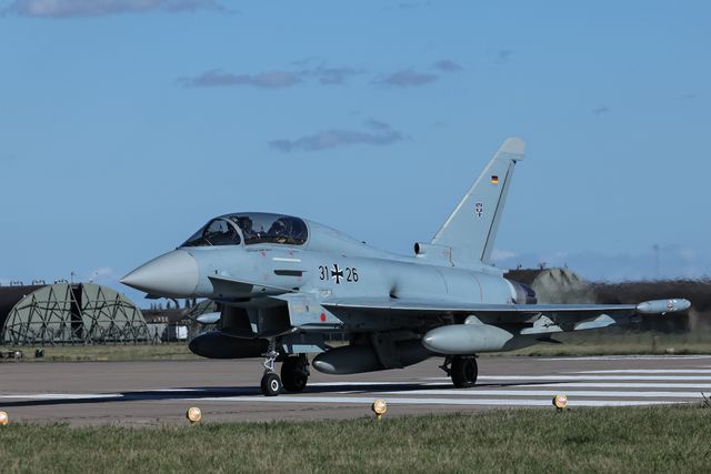 A German Air Force Eurofighter Typhoon FGR Mk4 taxies back to the pan during a flight training day at RAF Coningsby, Coningsby, United Kingdom, 22nd September 2025

(Photo by Mark Cosgrove/News Images)