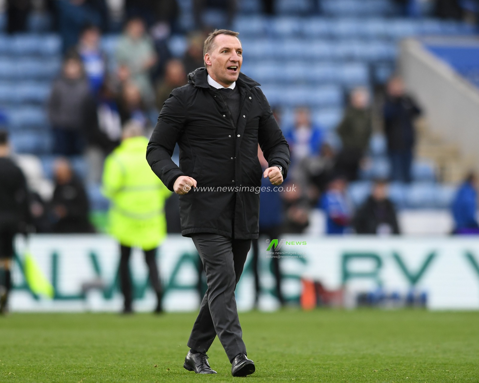 Brendan Rogers manager of Leicester City celebrates beating Leeds United 1-0 at the end of the game