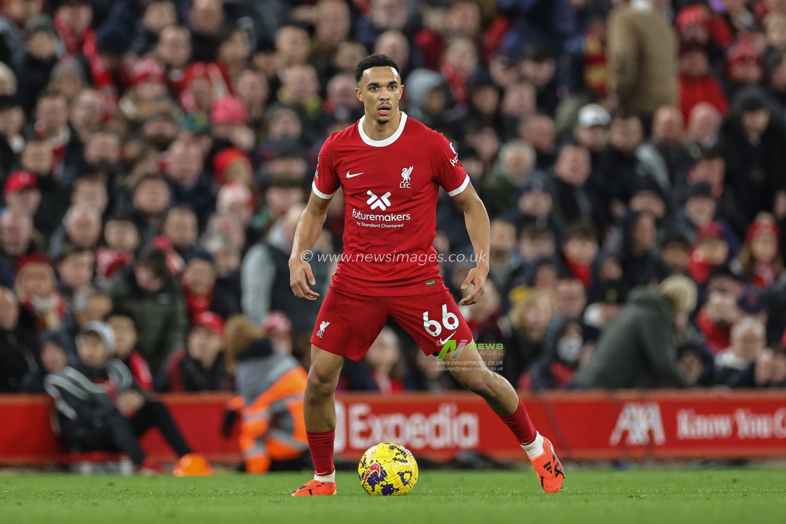 Trent Alexander-Arnold of Liverpool with the ball during the Premier League match Liverpool vs Manchester United at Anfield, Liverpool, United Kingdom, 17th December 2023

(Photo by Mark Cosgrove/News Images)