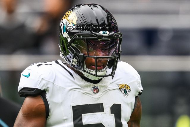 Ventrell Miller of the Jacksonville Jaguars during the pre game warm up during the Week 6 match Chicago Bears vs Jacksonville Jaguars at Tottenham Hotspur Stadium, London, United Kingdom, 13th October 2024

(Photo by Craig Thomas/News Images)