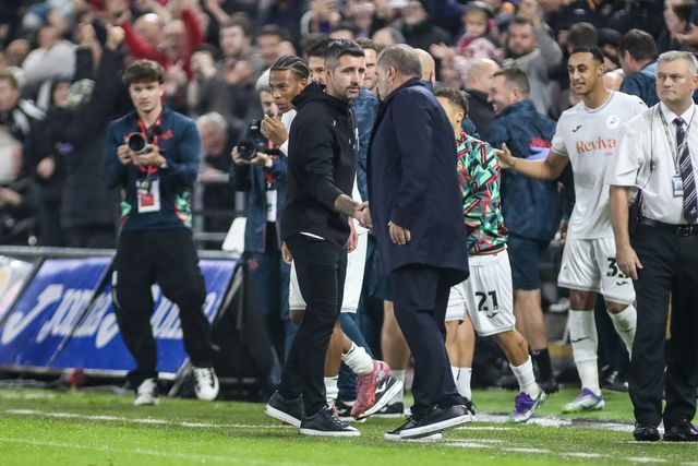 Nottingham Forest Head Coach Ange Postecoglou and Swansea City Head Coach Alan Sheehan shake hands at the final whistle during the Carabao Cup 3rd Round Swansea City vs Nottingham Forest at Swansea.com Stadium, Swansea, United Kingdom, 17th September 2025

(Photo by Andrew Lewis/News Images)