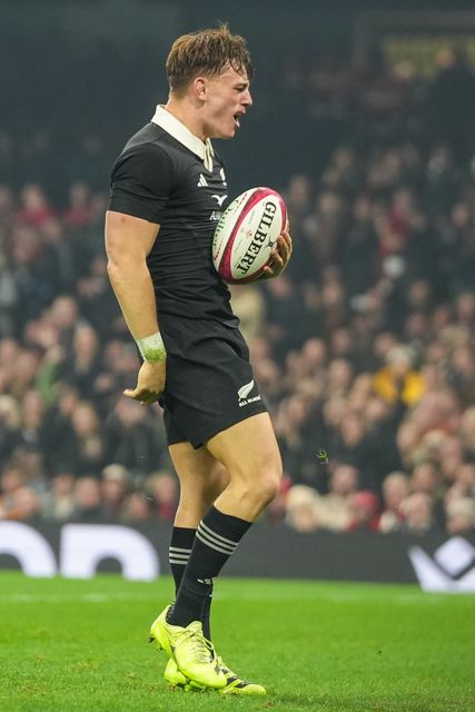 Ruben Love of New Zealand celebrates scoring a try for his team during the Quilter Nations Series 2025 match Wales vs New Zealand at Principality Stadium, Cardiff, United Kingdom, 22nd November 2025

(Photo by Andrew Lewis/News Images)

*** GER AUT SUI OUT ***