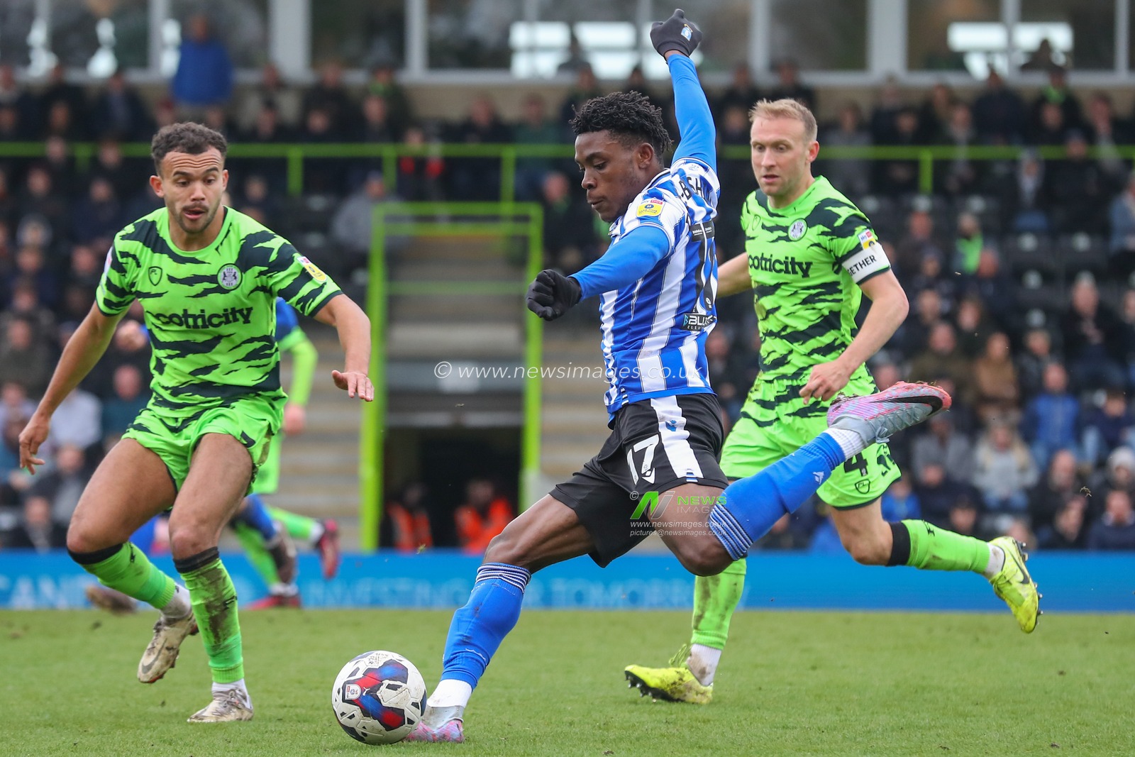 Fisayo Dele-Bashiru #17 of Sheffield Wednesday has a shot at goal during the Sky Bet League 1 match Forest Green Rovers vs Sheffield Wednesday at The New Lawn, Nailsworth, United Kingdom, 26th March 2023

(Photo by Gareth Evans/News Images)