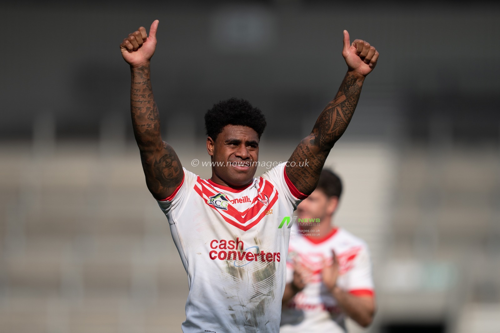 St. Helens's Kevin Naiqama gestures to the fans at the end of the game

22nd April 2019 , Totally Wicked Stadium, St Helens, England;  Betfred Super League, Round 12, St Helens vs Hull FC

Credit: Terry Donnelly/News Images