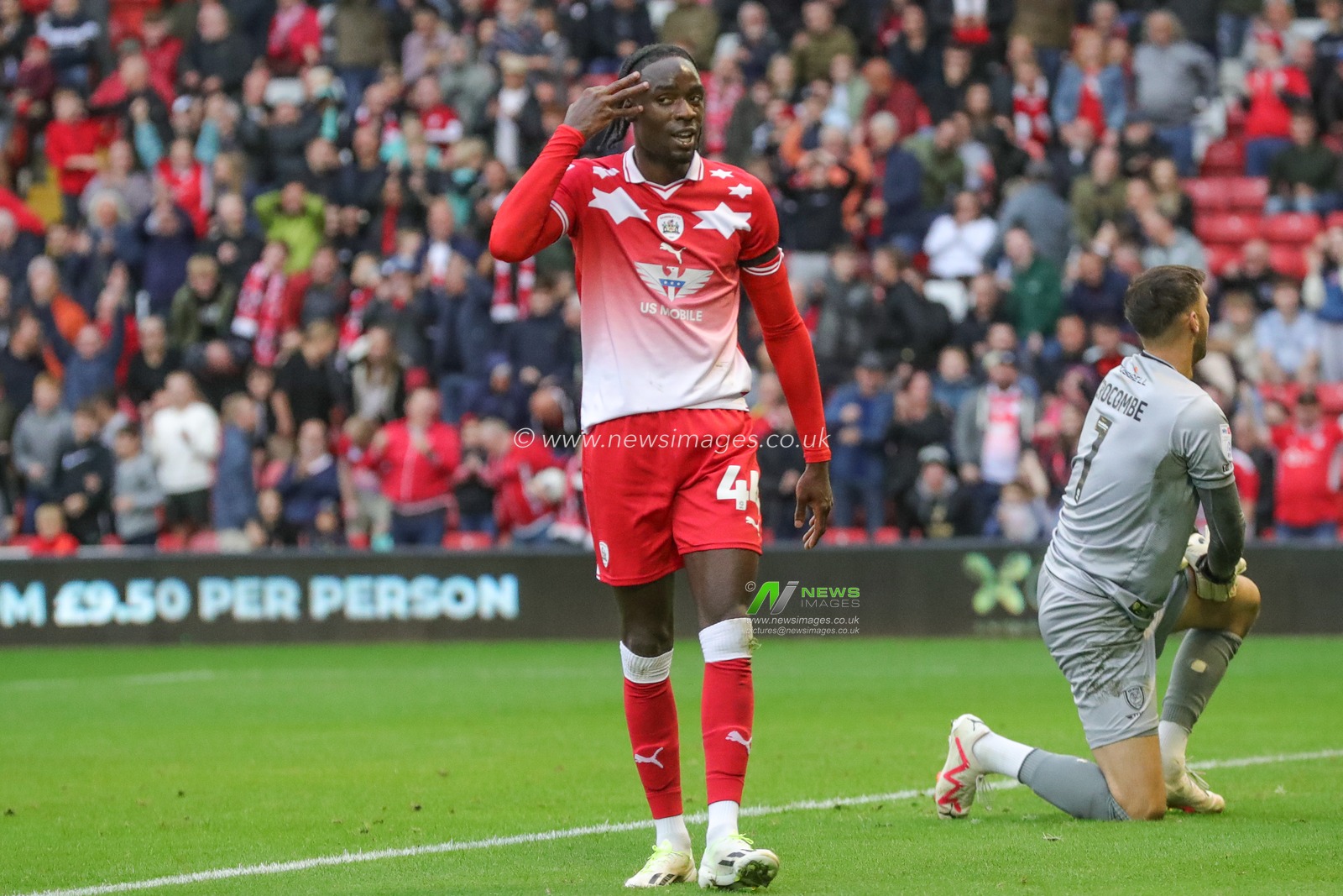 Devante Cole #44 of Barnsley celebrates a goal but it is disallowed during the Sky Bet League 1 match Barnsley vs Burton Albion at Oakwell, Barnsley, United Kingdom, 16th September 2023

(Photo by Alfie Cosgrove/News Images)