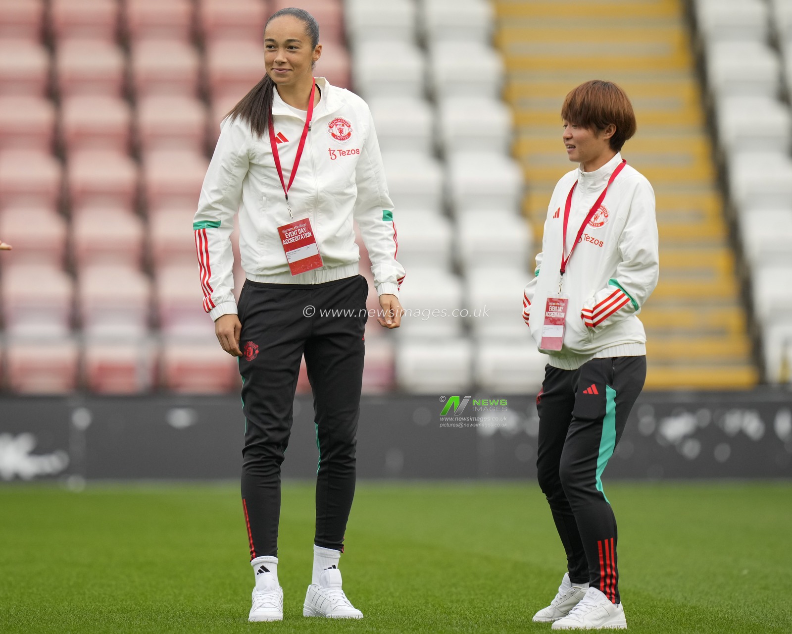 Hinata Miyazawa #20 of Manchester United and Phallon Tullis-Joyce #91 of Manchester United inspects the pitch before the The FA Women's Super League match Manchester United Women vs Arsenal Women at Leigh Sports Village, Leigh, United Kingdom, 6th October 2023

(Photo by Steve Flynn/News Images)