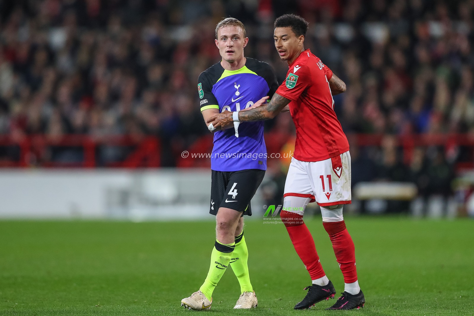 Oliver Skipp #4 of Tottenham Hotspur is marked by Jesse Lingard #11 of Nottingham Forest during the Carabao Cup Third Round match Nottingham Forest vs Tottenham Hotspur at City Ground, Nottingham, United Kingdom, 9th November 2022

(Photo by Gareth Evans/News Images)