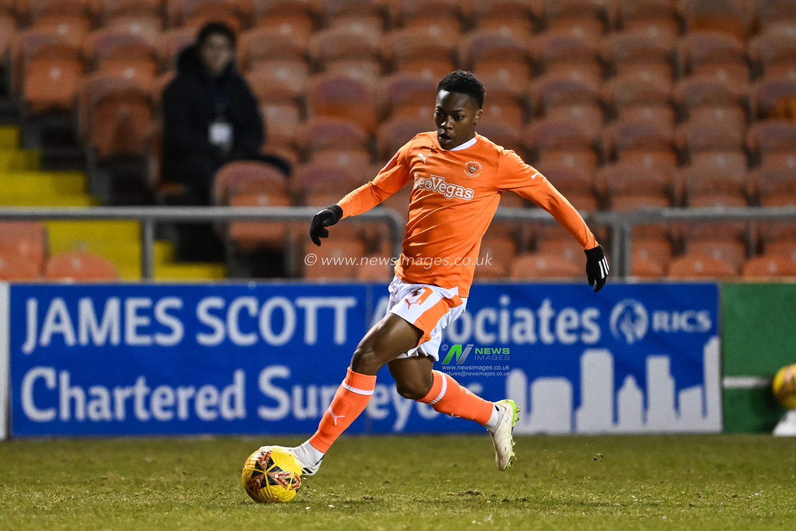 Karamoko DembÃ©lÃ© of Blackpool makes a break with the ball during the Emirates FA Cup  Third Round Replay match Blackpool vs Nottingham Forest at Bloomfield Road, Blackpool, United Kingdom, 17th January 2024

(Photo by Craig Thomas/News Images)