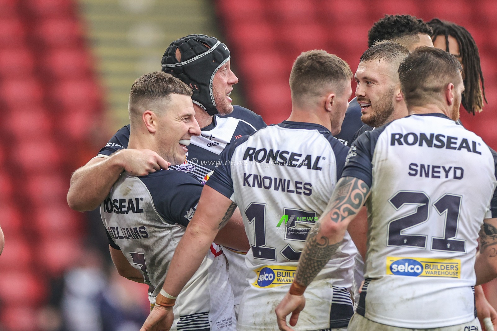George Williams of England celebrates his try during the Rugby League World Cup 2021 match England vs Greece at Bramall Lane, Sheffield, United Kingdom, 29th October 2022

(Photo by Mark Cosgrove/News Images)