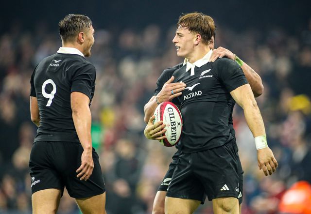 Ruben Love of New Zealand celebrates scoring a try with his teammates during the Quilter Nations Series 2025 match Wales vs New Zealand at Principality Stadium, Cardiff, United Kingdom, 22nd November 2025

(Photo by Andrew Lewis/News Images)

*** GER AUT SUI OUT ***