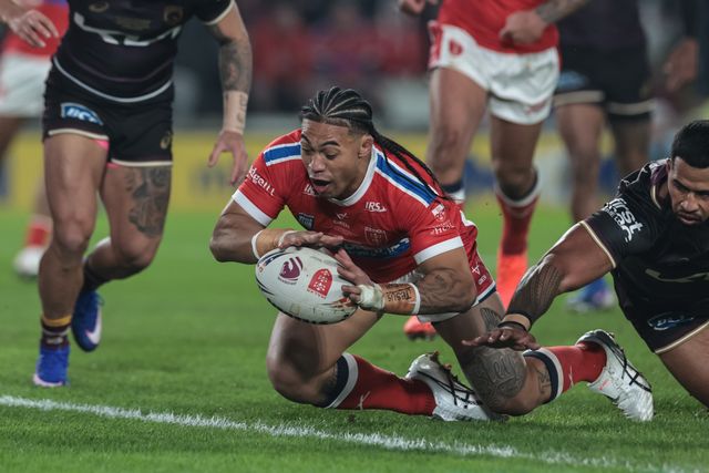 Tom Amone of Hull KR goes over for a try during the World Club Challenge 2026 match Hull KR vs Brisbane Broncos at MKM Stadium, Hull, United Kingdom on 19 February 2026

(Photo by Mark Cosgrove/News Images)