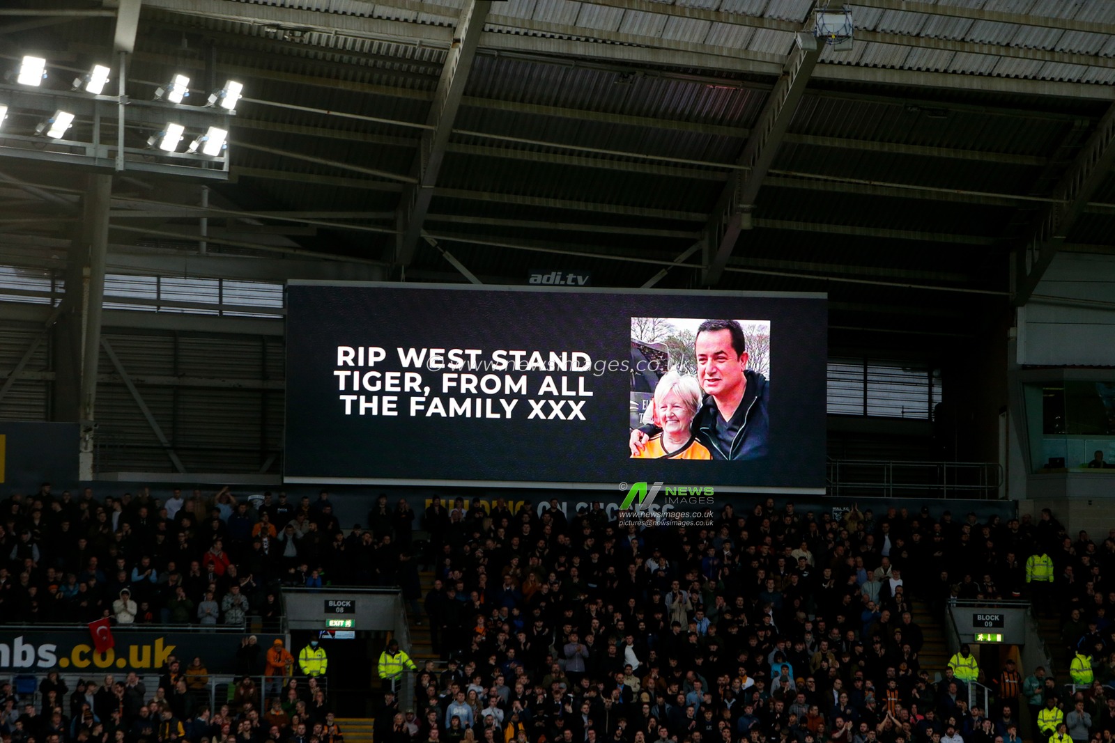 A memorial to fan is shown on the scoreboard during the Sky Bet Championship match Hull City vs Preston North End at MKM Stadium, Hull, United Kingdom, 18th February 2023

(Photo by Ben Early/News Images)