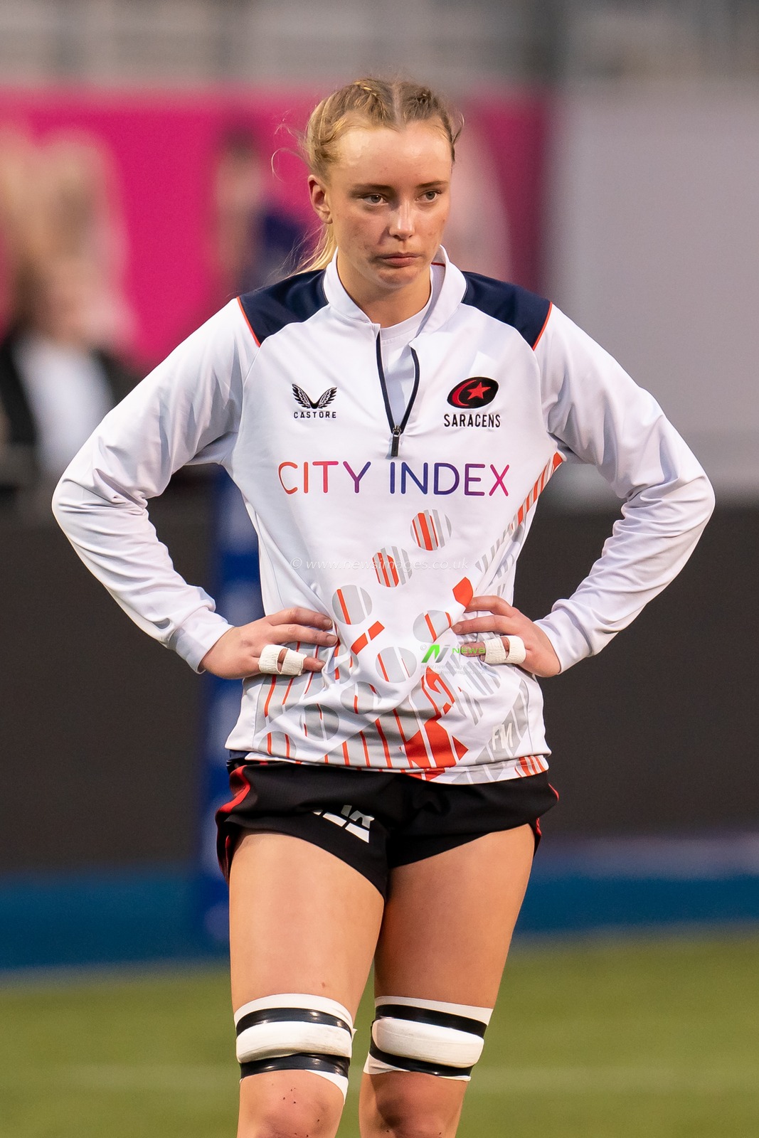 Fi McIntosh #4 of Saracens Women warming up prior to the Women's Allianz Premier 15's match Saracens Women vs Wasps Women at StoneX Stadium, London, United Kingdom, 27th November 2022

(Photo by Richard Washbrooke/News Images)