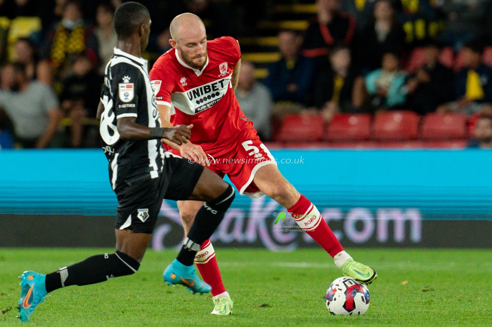 Yaser Asprilla #18 of Watford battle for the ball Matthew Clarke #5 of Middlesbrough