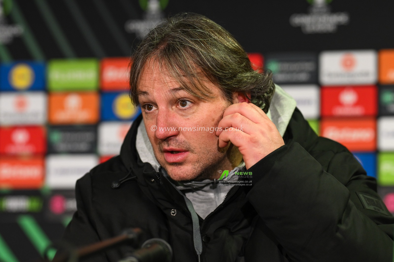 Craig Harrison Head coach of The New Saints F.C. during the post match press conference after the UEFA Conference League - League Stage match The New Saints vs DjurgÃ¥rden at Croud Meadow, Shrewsbury, United Kingdom, 28th November 2024

(Photo by Craig Thomas/News Images)