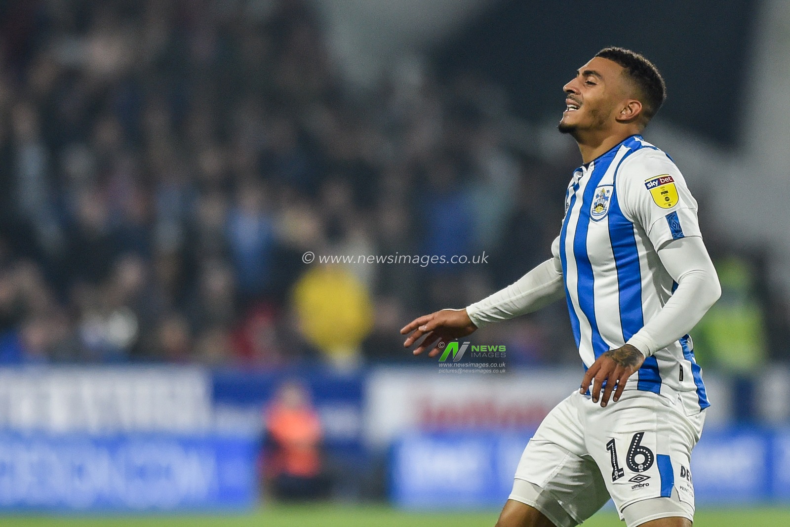 23rd October 2019, John Smith's Stadium, Huddersfield, England; Sky Bet Championship, Huddersfield Town v Middlesbrough : Karlan Grant (16) of Huddersfield Town  misses with  a shot.

Credit: Dean Williams/News Images
