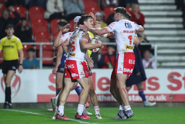 Matt Whitley of St. Helens celebrates his try during the Betfred Super League  Round 7 match St Helens vs Wakefield Trinity at Totally Wicked Stadium, St Helens, United Kingdom, 11th April 2025

(Photo by Gareth Evans/News Images)
