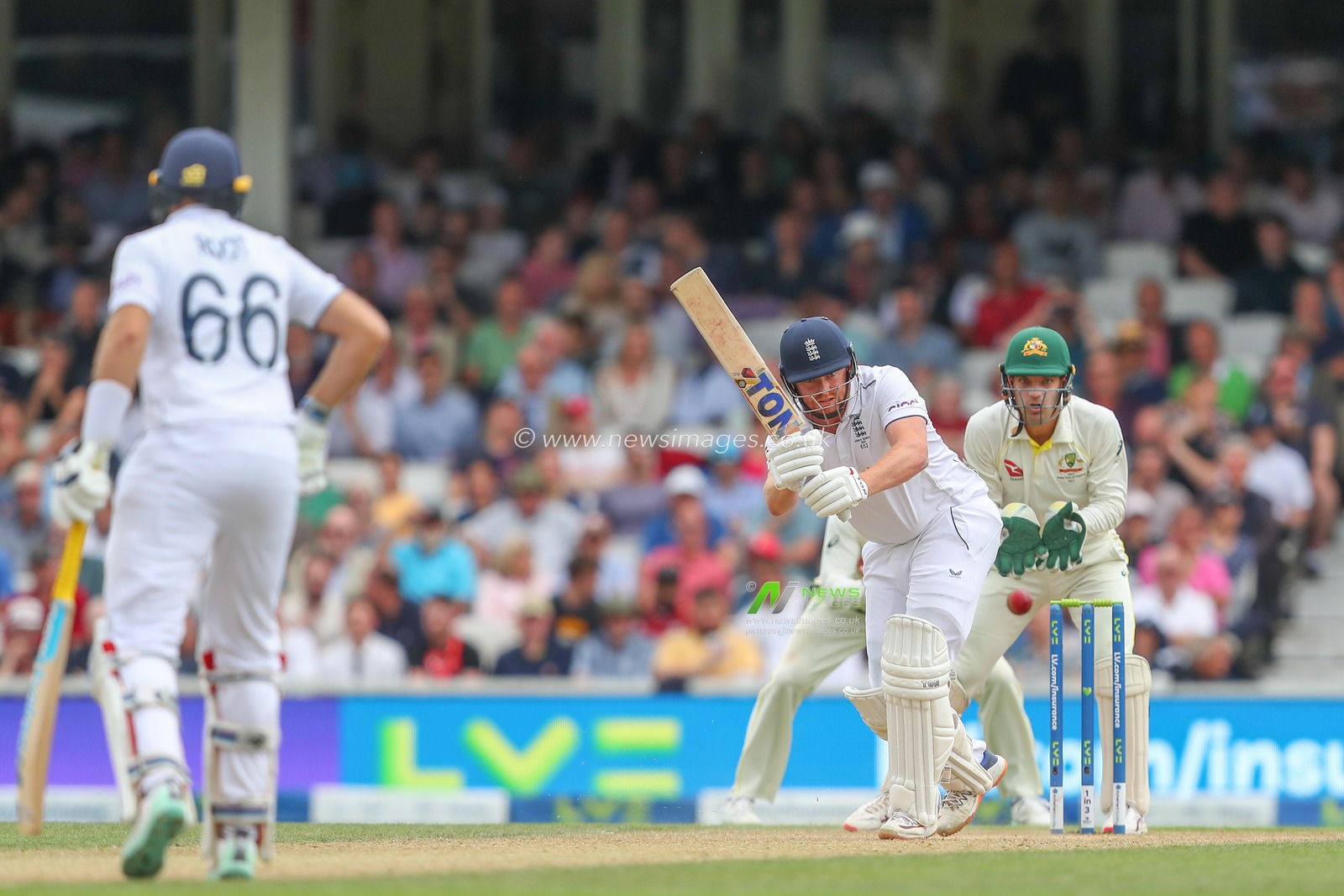 Jonny Bairstow of England hits a four (4) during the LV= Insurance Ashes Fifth Test Series Day Three match England vs Australia at The Kia Oval, London, United Kingdom, 29th July 2023

(Photo by Gareth Evans/News Images)