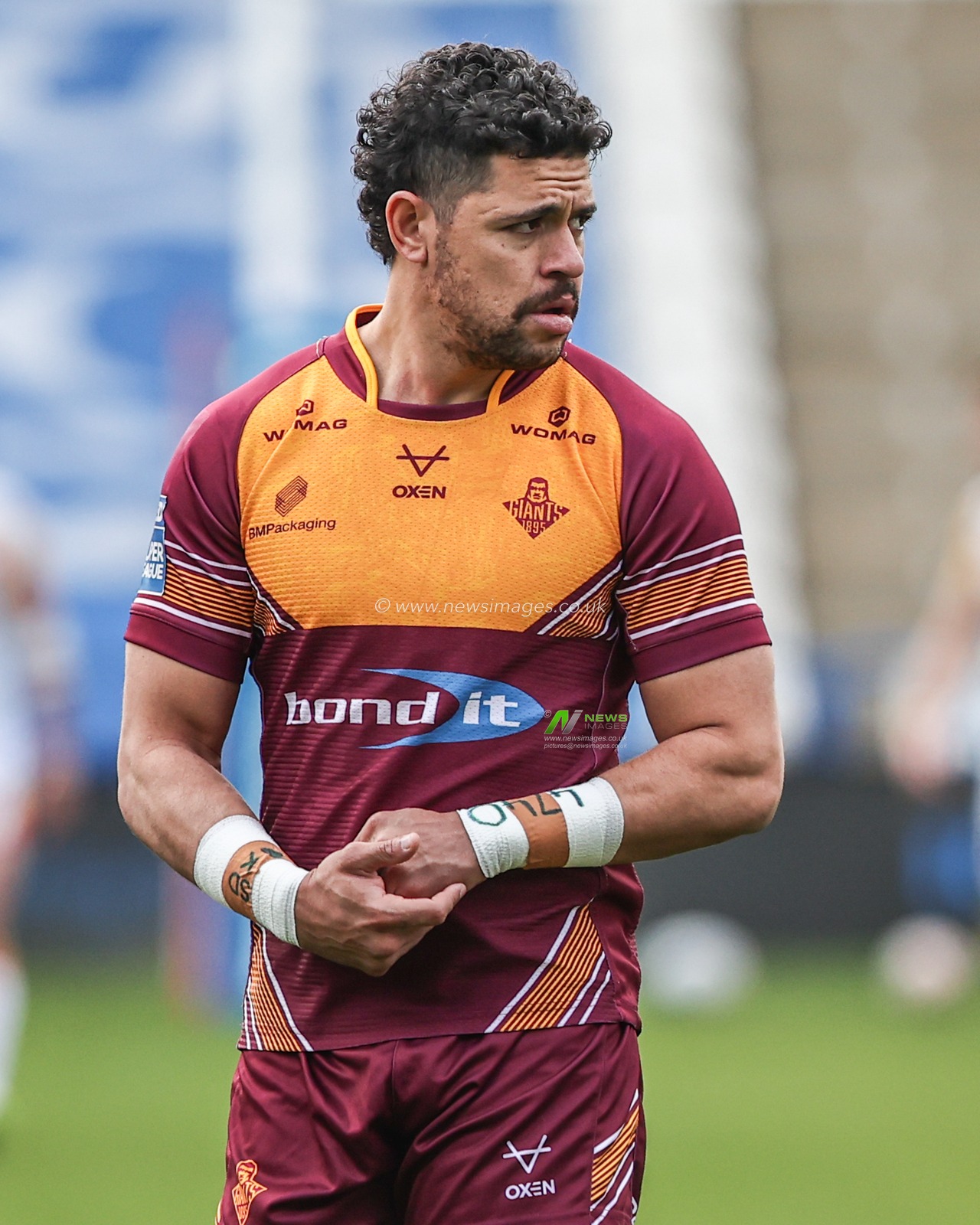 Jacob Gagai of Huddersfield Giants during pre-game warm up during the Betfred Super League match Huddersfield Giants vs Catalans Dragons at John Smith's Stadium, Huddersfield, United Kingdom, 13th April 2025

(Photo by Alfie Cosgrove/News Images)
