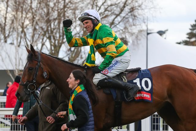 Harry Skelton on The New Lion celebrates his win in the Turners Novices' Hurdle gets during the Cheltenham Festival 2025 Style Wednesday at Cheltenham Racecourse, Cheltenham, United Kingdom, 12th March 2025

(Photo by Gareth Evans/News Images)