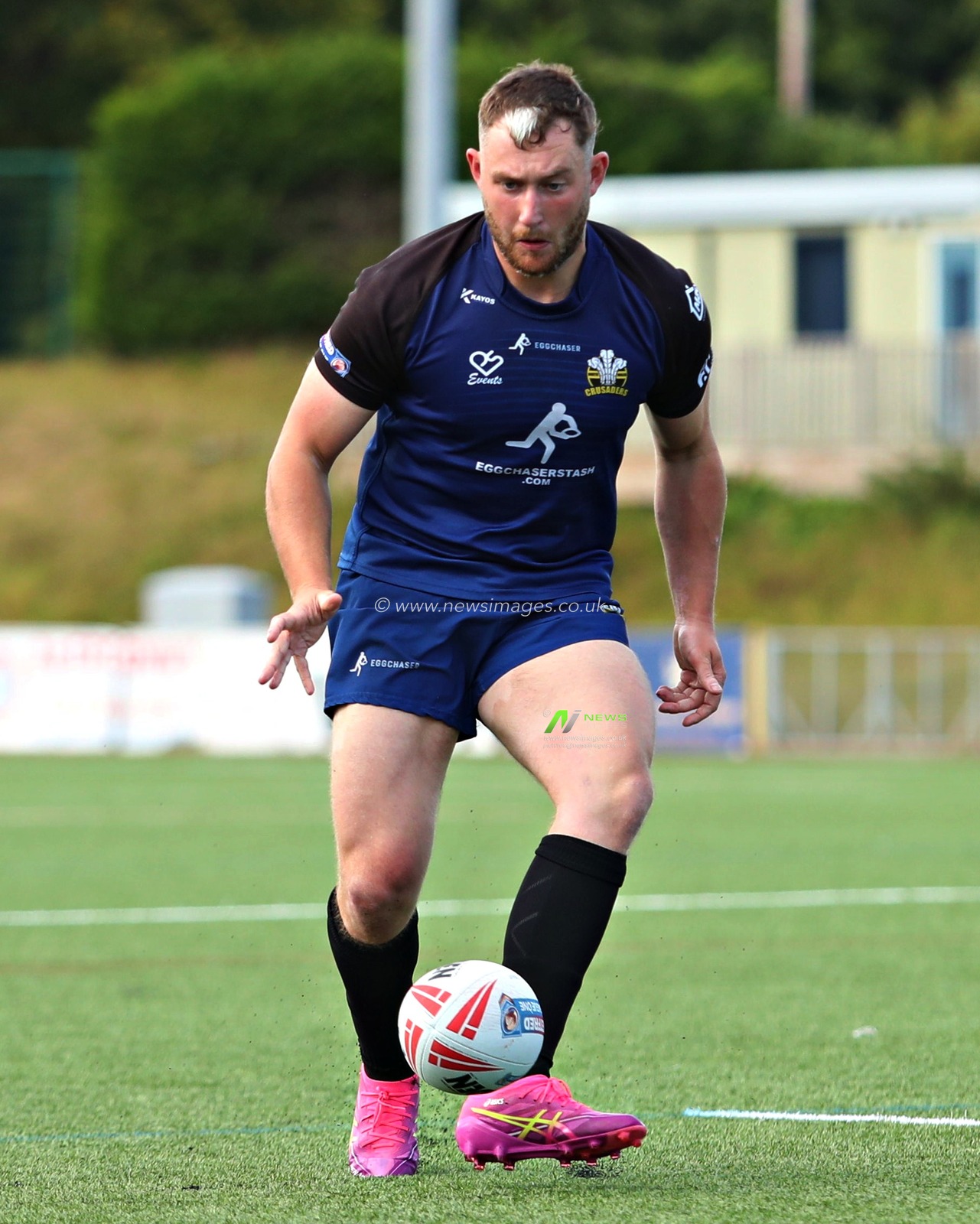 Lloyd Roby of North Wales Crusaders kicks during the Betfred League 1 match North Wales Crusaders vs Keighley Cougars at Stadiwm CSM, Colwyn Bay, United Kingdom, 31st August 2025(Photo by Sam Eaden/News Images)
