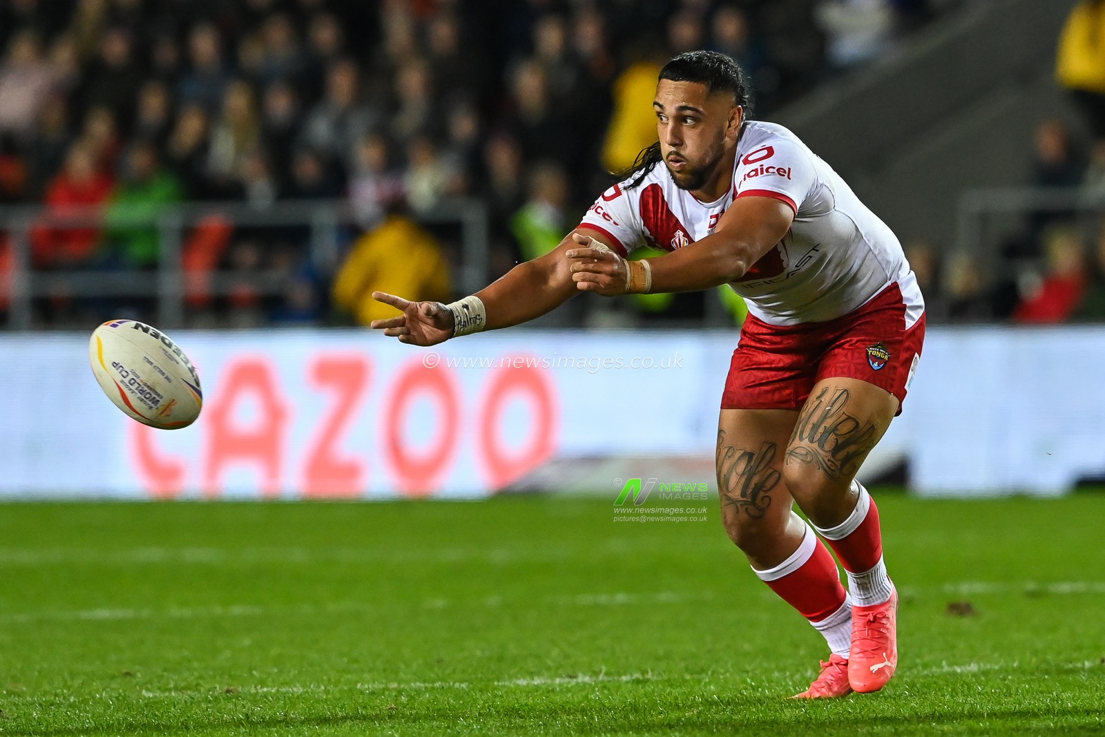 Keaon Koloamatangi of Tonga in action during the Rugby League World Cup 2021 match Tonga vs Papua New Guinea at Totally Wicked Stadium, St Helens, United Kingdom, 18th October 2022

(Photo by Craig Thomas/News Images)