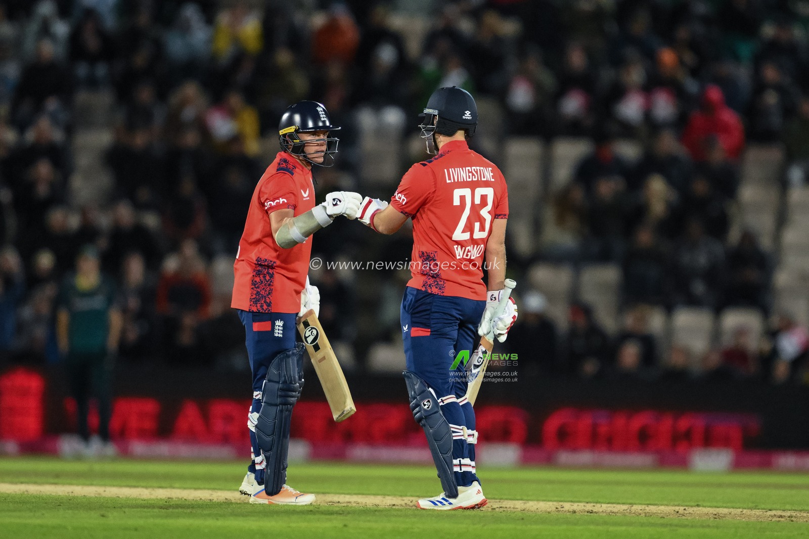 Sam Curran of England fist-bumps Liam Livingston of England after he hits a six during the First Vitality IT20 Series match England vs Australia at The Utilita Bowl, Southampton, United Kingdom, 11th September 2024

(Photo by Craig Thomas/News Images)