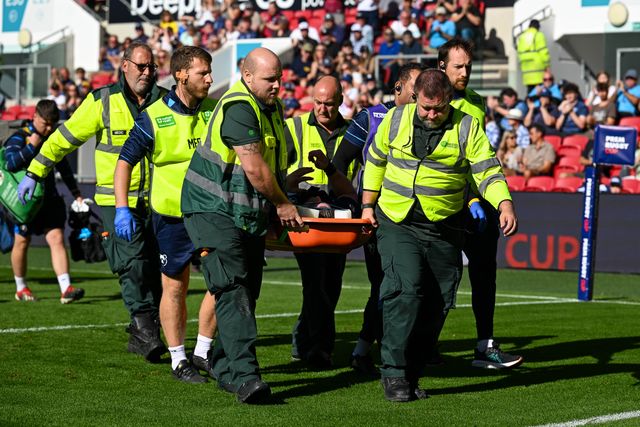 Harry Thacker of Bristol Bears is carried off the pitch by medical staff following an injury during the Prem Rugby Cup match Bristol Bears vs Gloucester at Ashton Gate, Bristol, United Kingdom on 05 September 2026

(Photo by Alex Williamson/News Images)