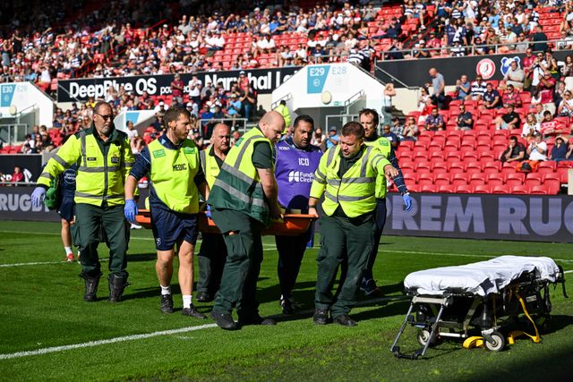 Harry Thacker of Bristol Bears is carried off the pitch by medical staff following an injury during the Prem Rugby Cup match Bristol Bears vs Gloucester at Ashton Gate, Bristol, United Kingdom on 05 September 2026

(Photo by Alex Williamson/News Images)